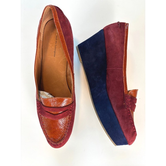 Pilcro and the Letterpress Shoes - Pilcro and the Letterpress Wedge Loafers Burgundy Orange Navy 9.5 Suede Platform